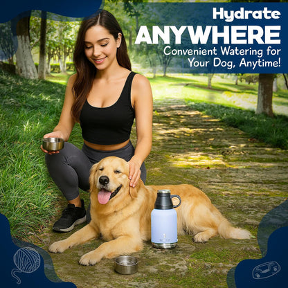 Wrtz insulated pet water bottle being carried by its integrated ergonomic handle.