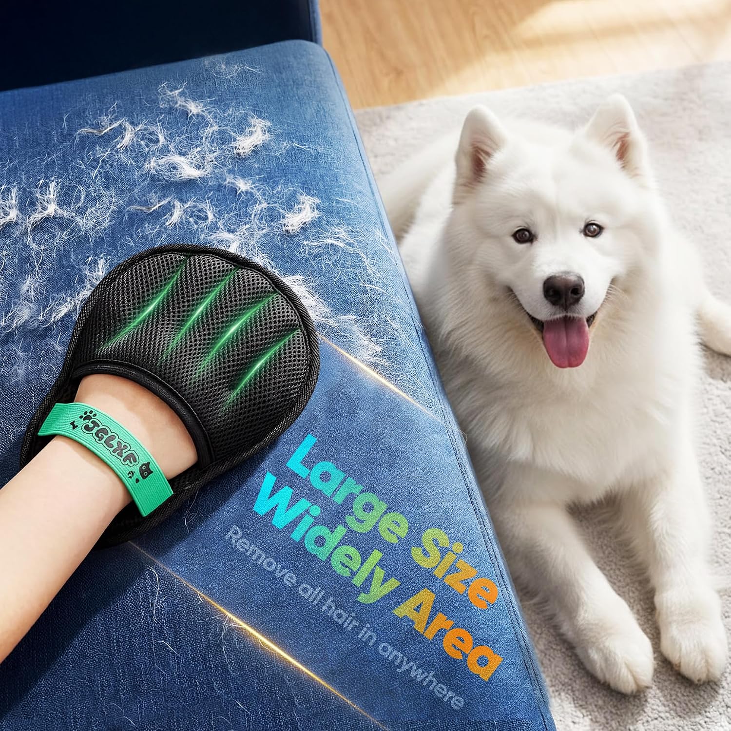 Electrostatic pet hair remover glove side view showing wrist strap