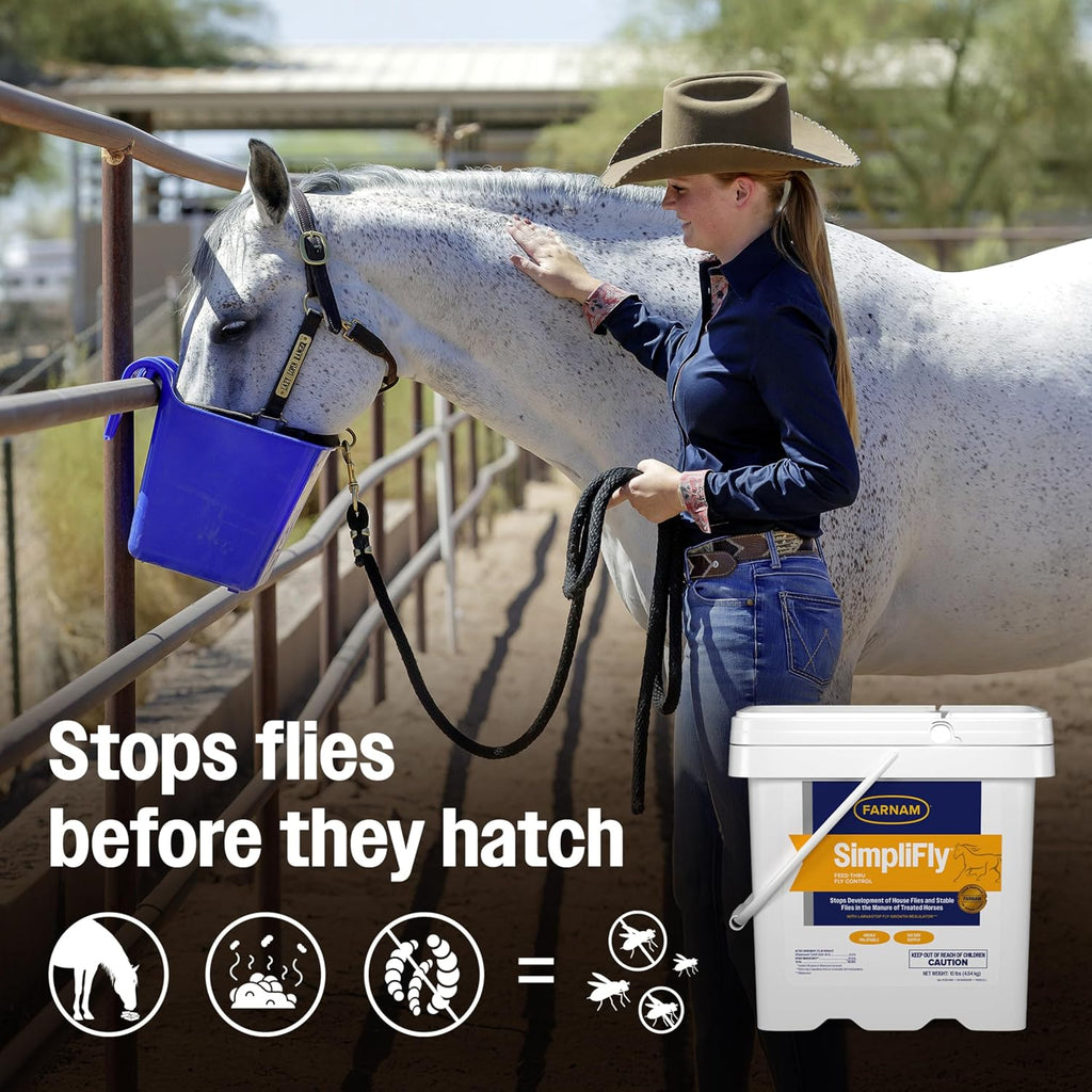 Farnam SimpliFly feed additive bucket placed inside a stable environment
