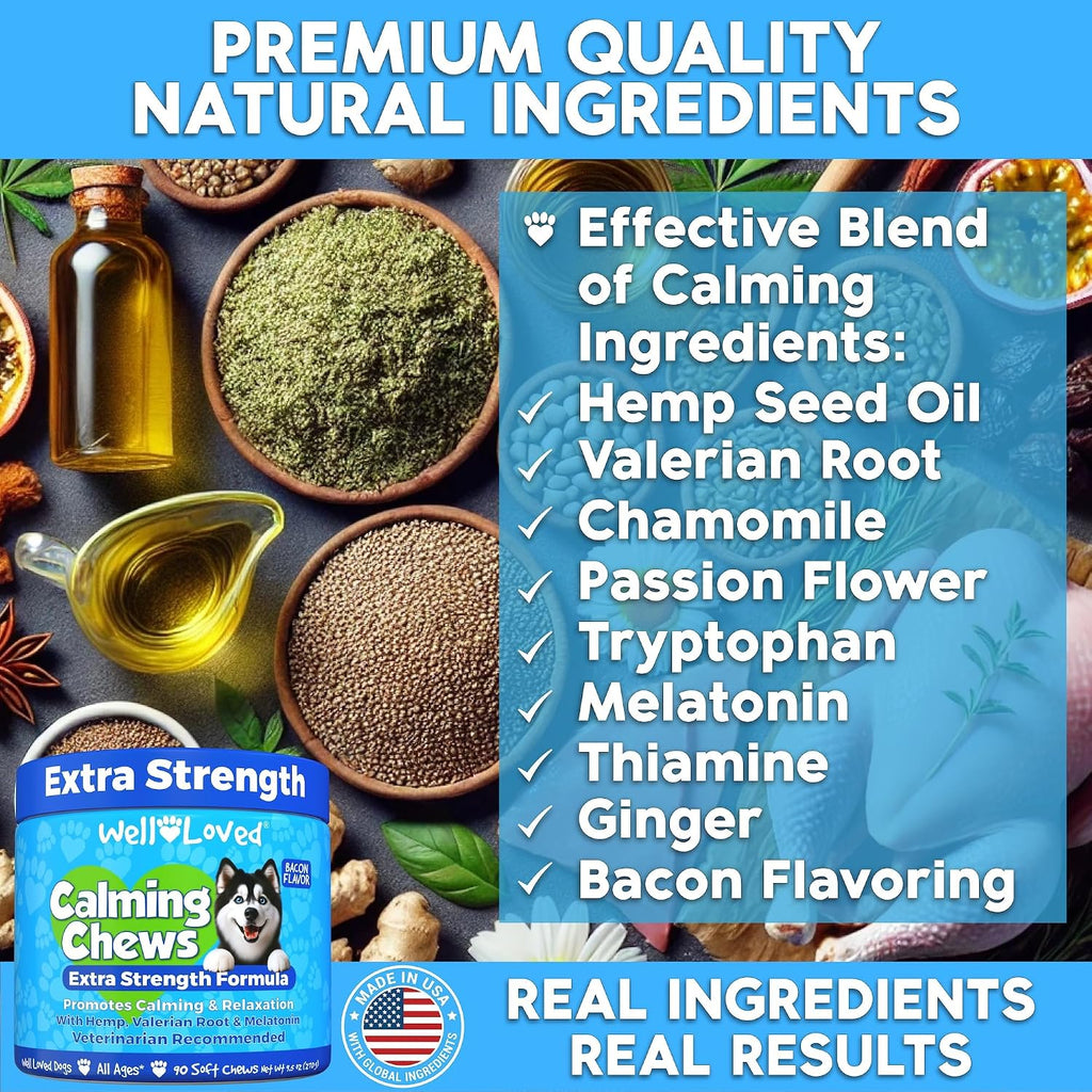 Hemp and melatonin calming formula details on the back label for dogs