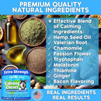 Hemp and melatonin calming formula details on the back label for dogs