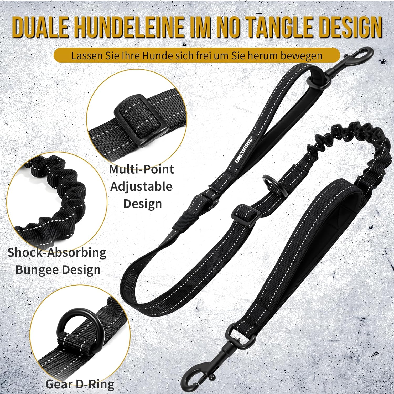 Side perspective of the black medium size OneTigris double dog lead showing full product length extension.