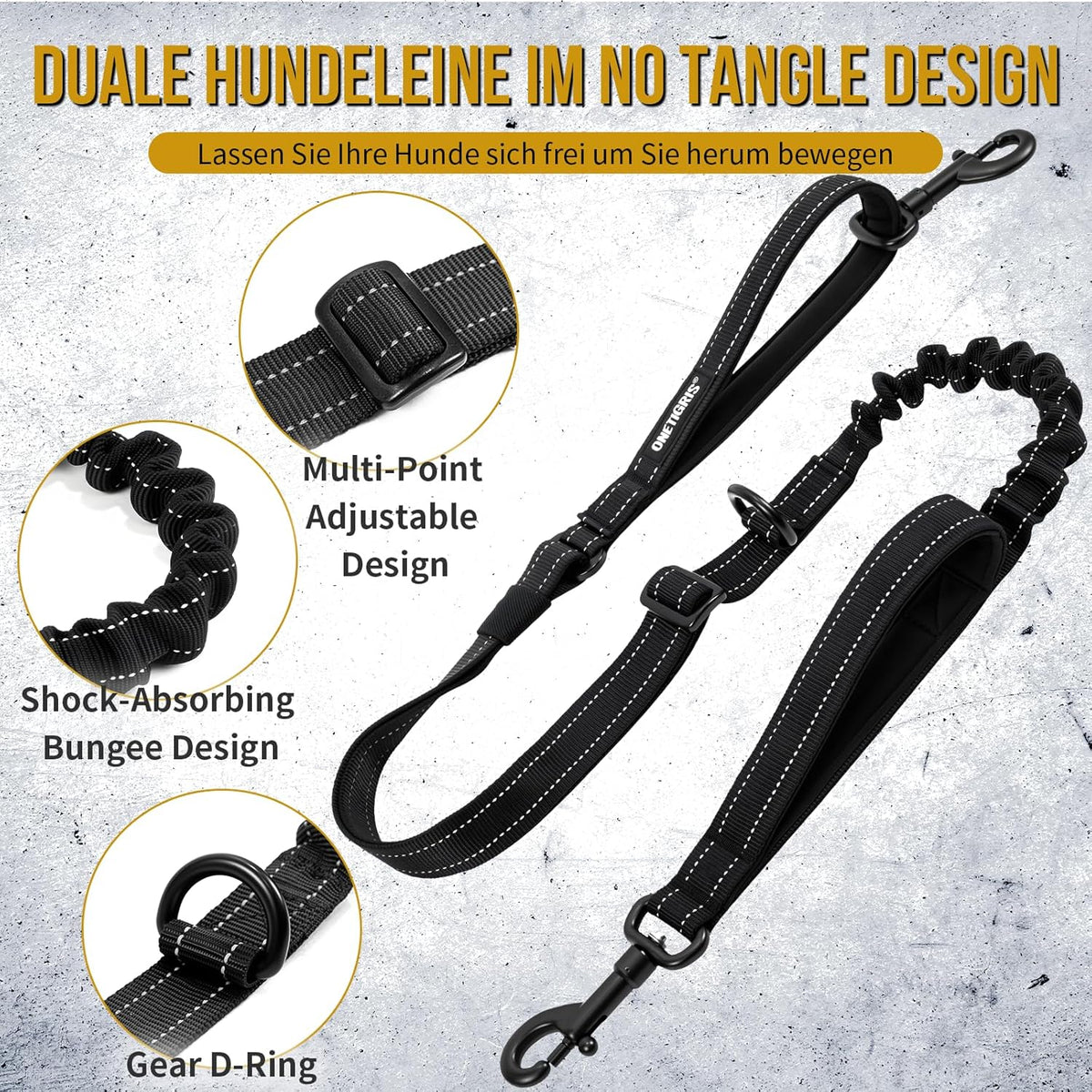 Side perspective of the black medium size OneTigris double dog lead showing full product length extension.