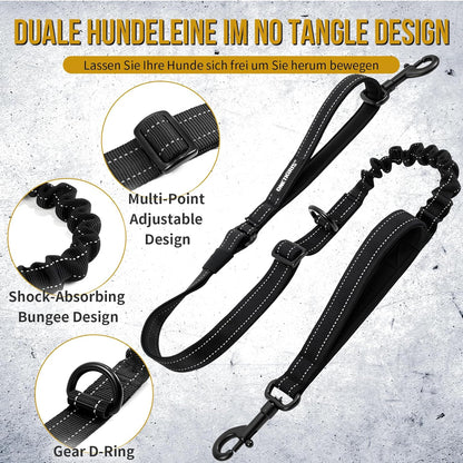 Side perspective of the black medium size OneTigris double dog lead showing full product length extension.