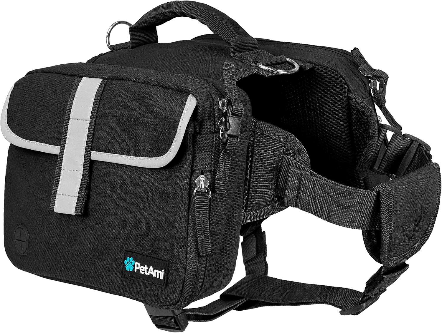 PetAmi Dog Backpack front view showcasing the black tactical harness design on a medium breed
