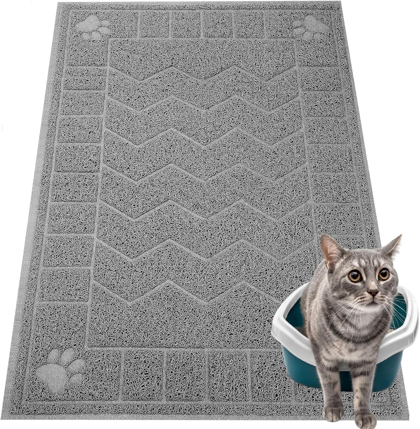 Multi purpose grey pet feeding and litter trapping mat in a clean modern living room