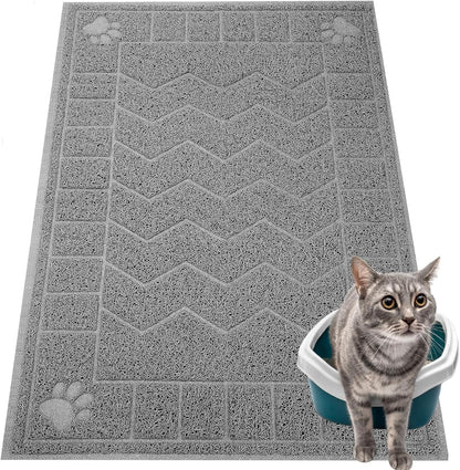 Multi purpose grey pet feeding and litter trapping mat in a clean modern living room
