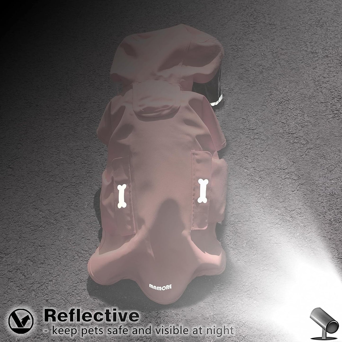 High-visibility reflective stripes glowing on the MAMORE dog raincoat in a dark setting.