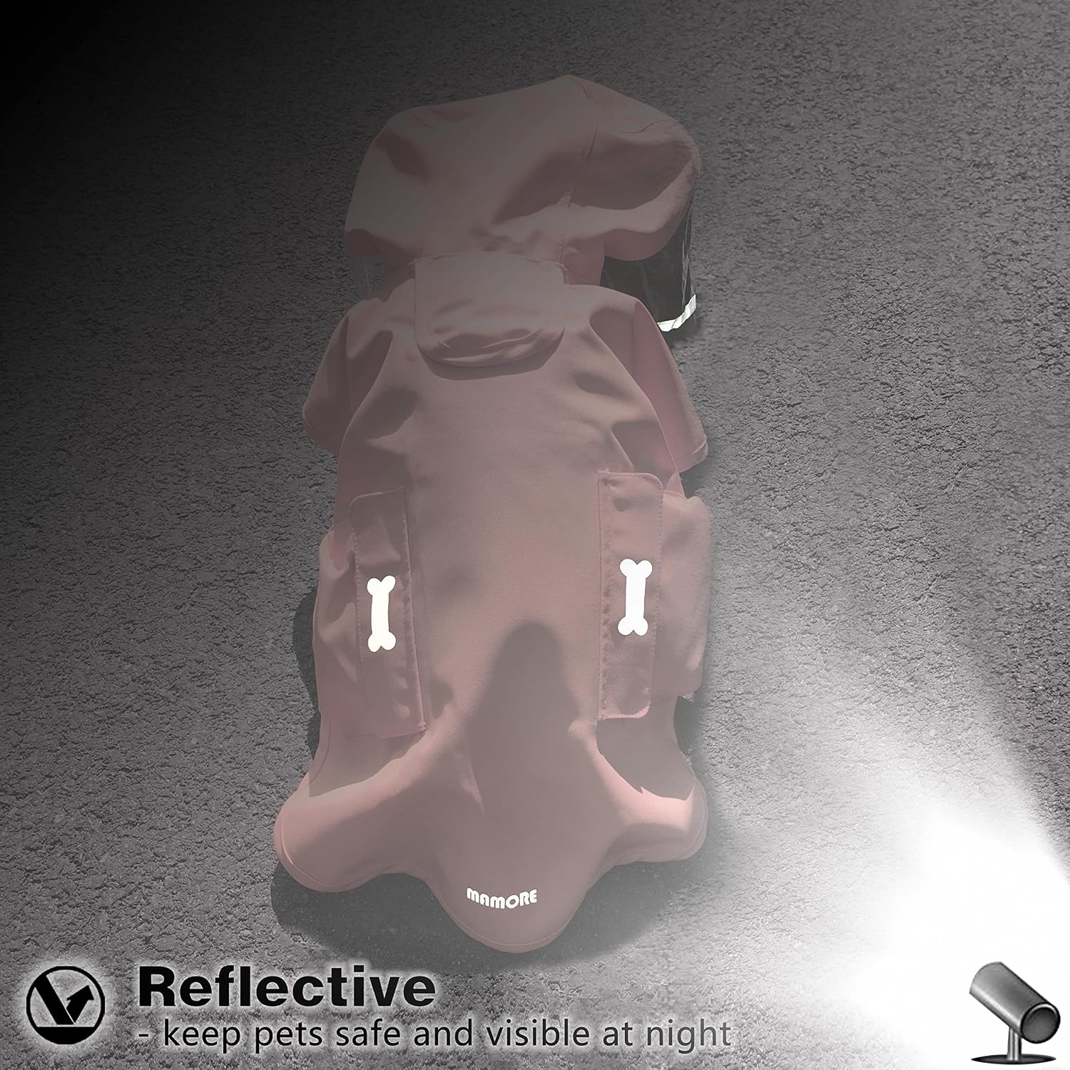 High-visibility reflective stripes glowing on the MAMORE dog raincoat in a dark setting.