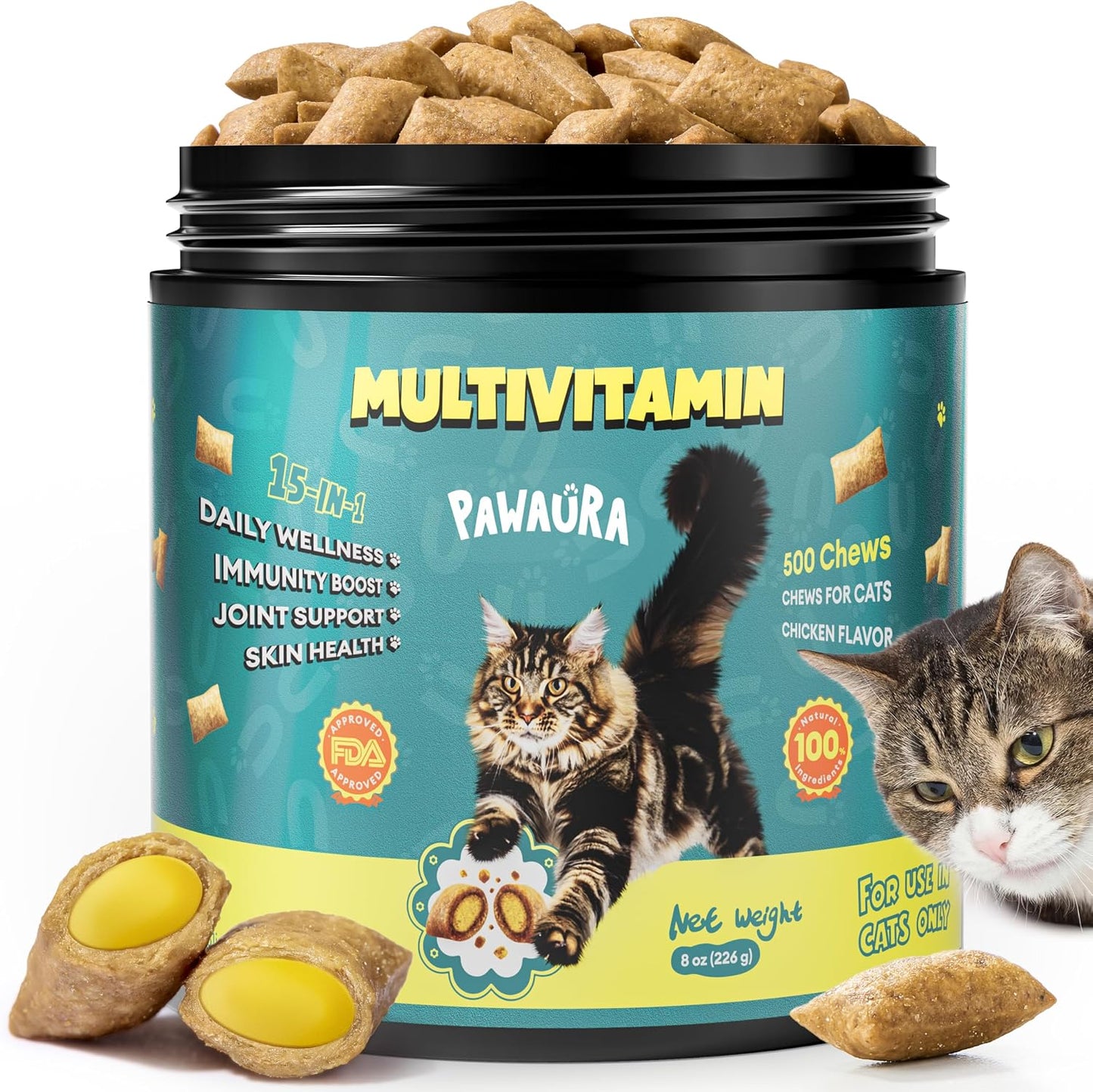 Pawaura cat multivitamin treats front view of the 500 count jar with chicken flavor details