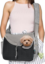 Detailed close up of PetAmi sling bag storage and reflective trim