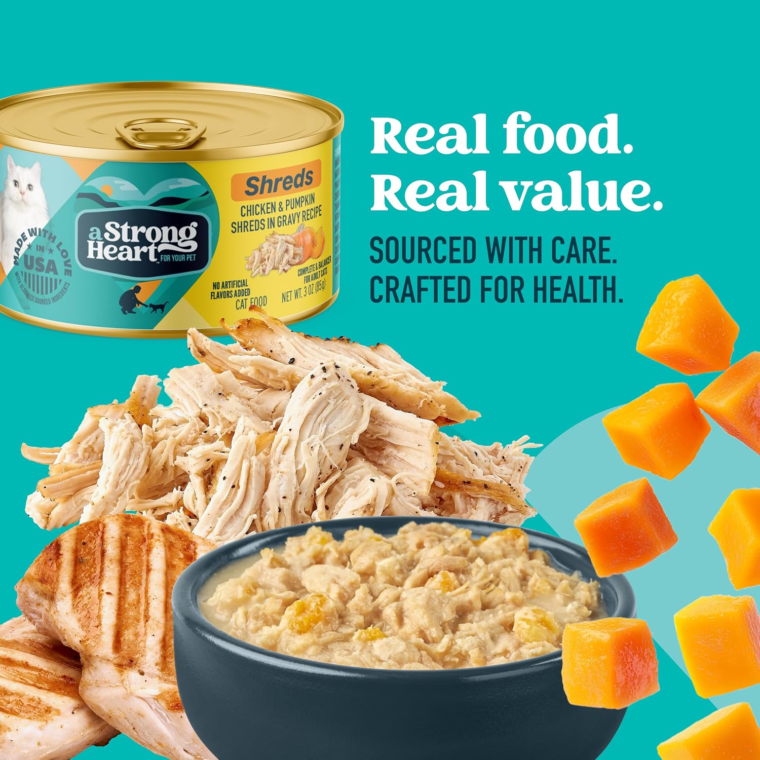 Serving suggestion of Strong Heart chicken and pumpkin shreds in a bowl