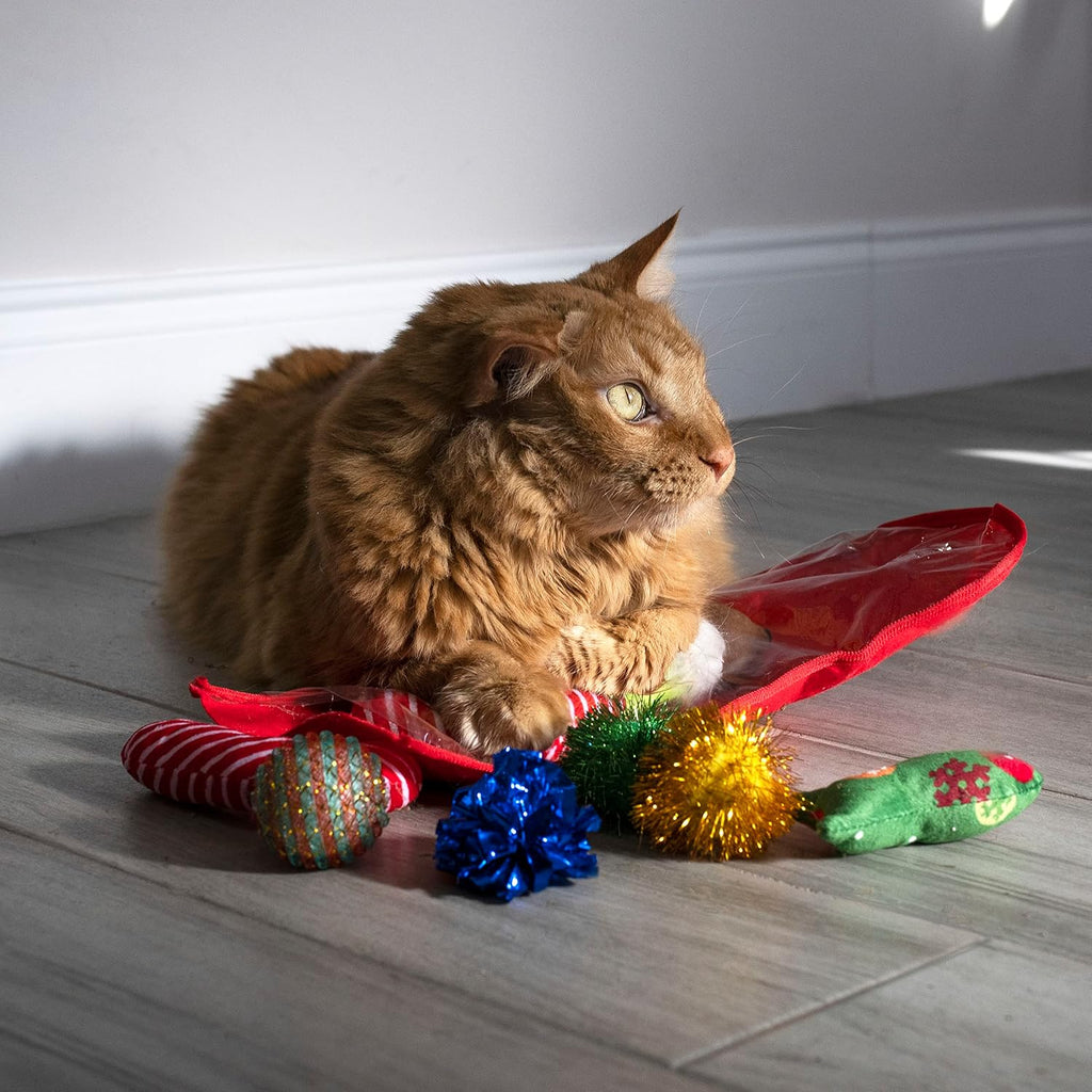 Assorted holiday cat toys layout from the Midlee variety pack.