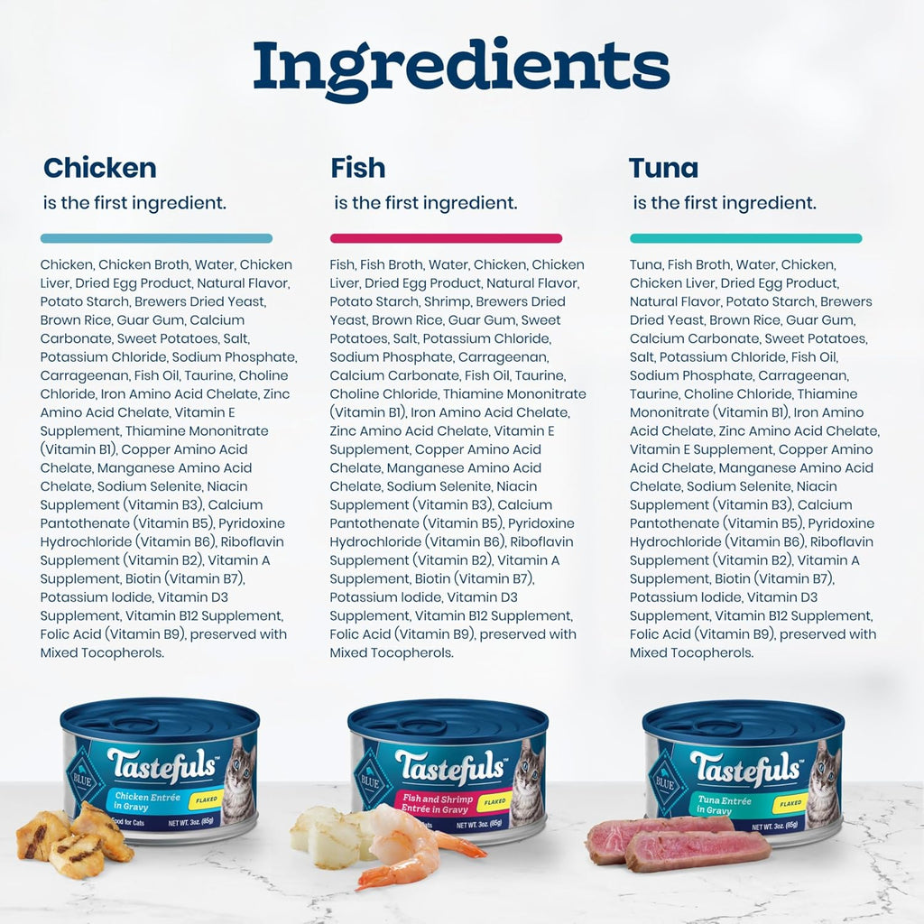Blue Buffalo Tastefuls wet cat food cans tuna chicken fish shrimp