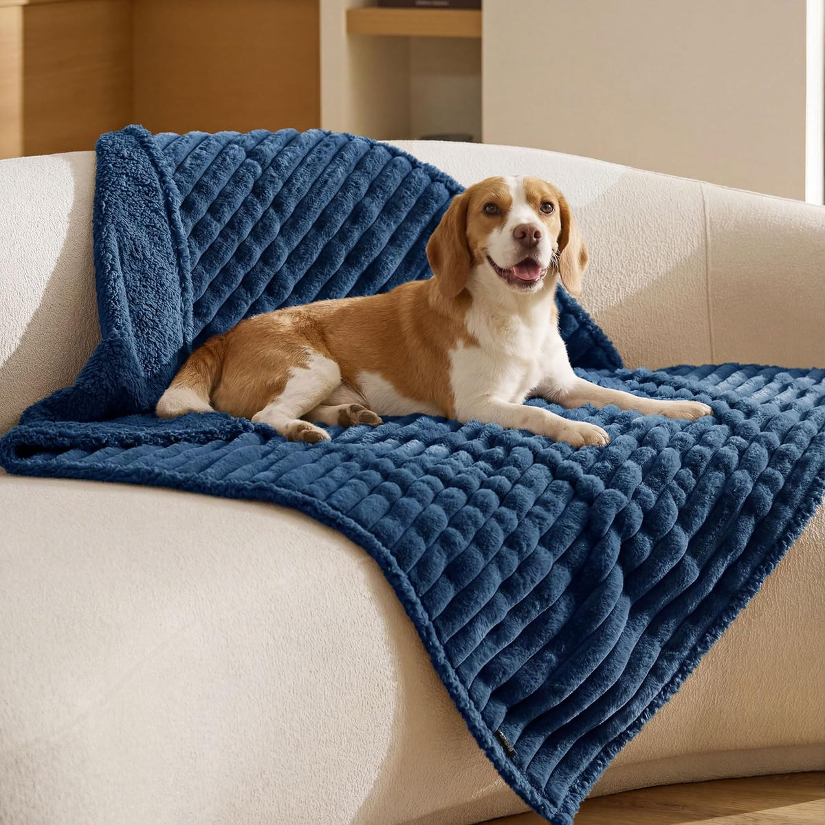 Bedsure ComfyFleece(TM) Waterproof Dog Blankets for Large Dogs - Soft Pet Cat Blanket Corduroy Fleece for Couch Bed Protector Washable, Cozy Calming Reversible Furniture Protection,50"x60", Cream - Image 13
