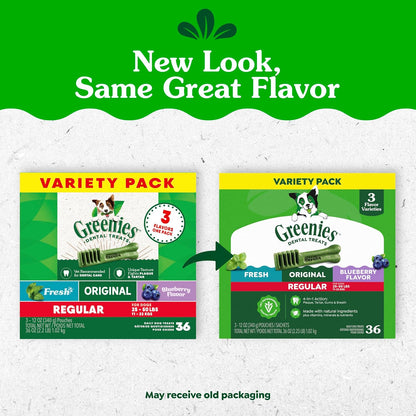 Greenies dog dental chews assortment showcasing Original Fresh and Blueberry flavors