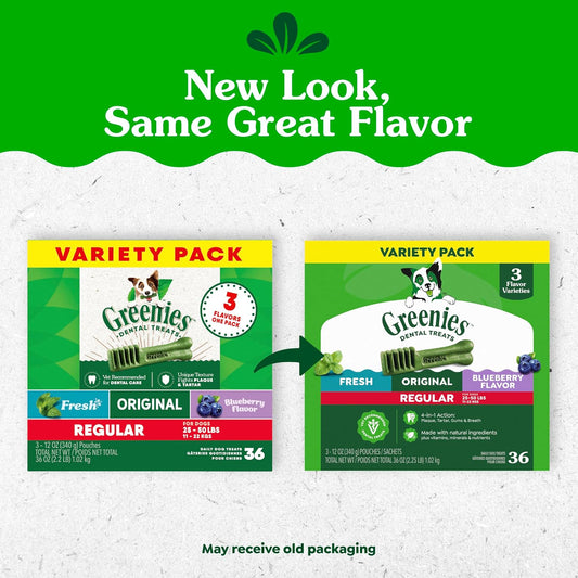 Greenies dog dental chews assortment showcasing Original Fresh and Blueberry flavors