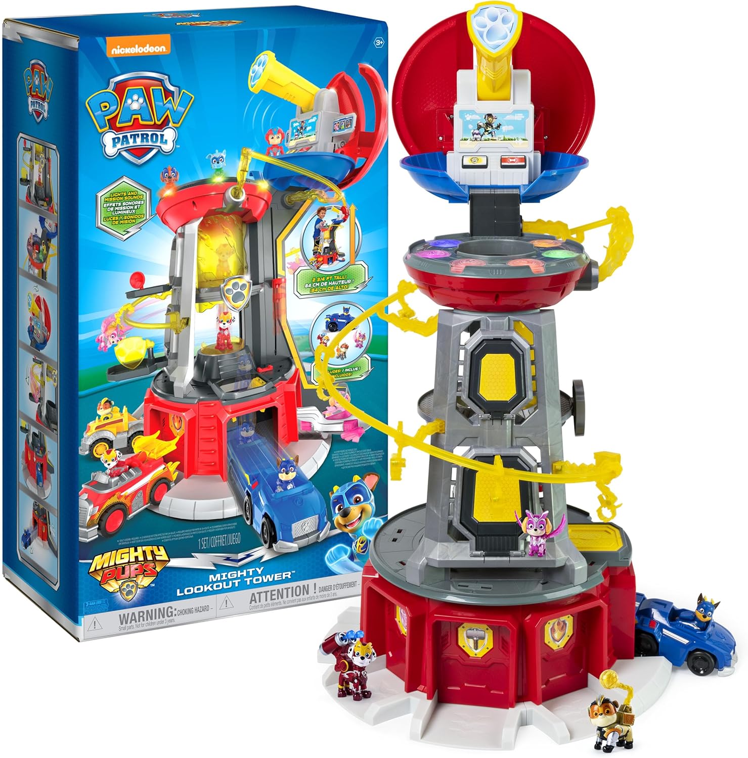 Paw Patrol Mighty Lookout Tower front view showcasing the full two and three-quarter feet tall interactive playset structure.