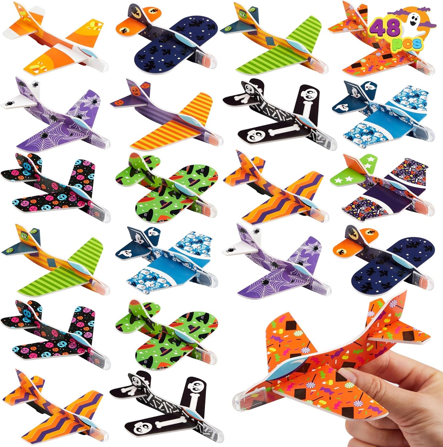 JOYIN Halloween foam glider planes front view showing multiple assembled colorful toy aircraft.