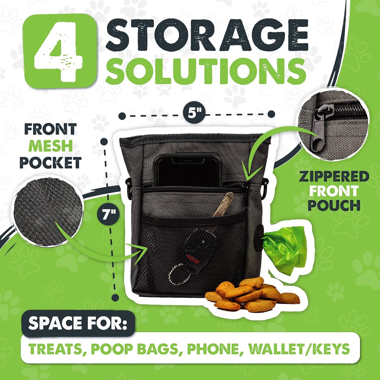 Grey imported dog treat pouch with integrated side poop bag dispenser