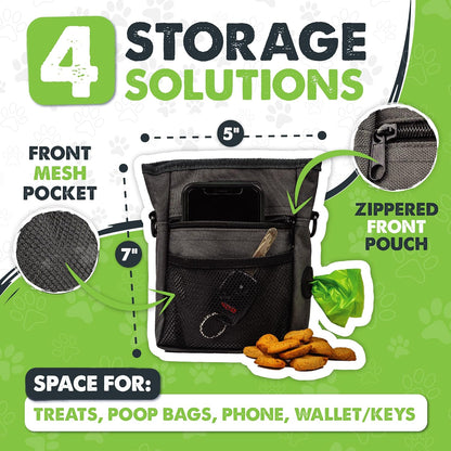 Grey imported dog treat pouch with integrated side poop bag dispenser