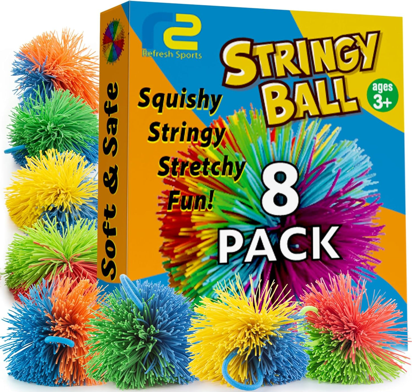Refresh Sports Stringy Balls 8 Pack front view showcasing colorful sensory fidget toys for kids.