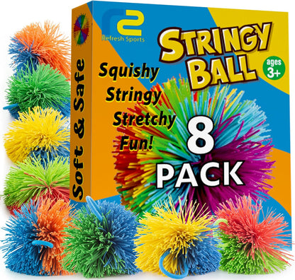 Refresh Sports Stringy Balls 8 Pack front view showcasing colorful sensory fidget toys for kids.