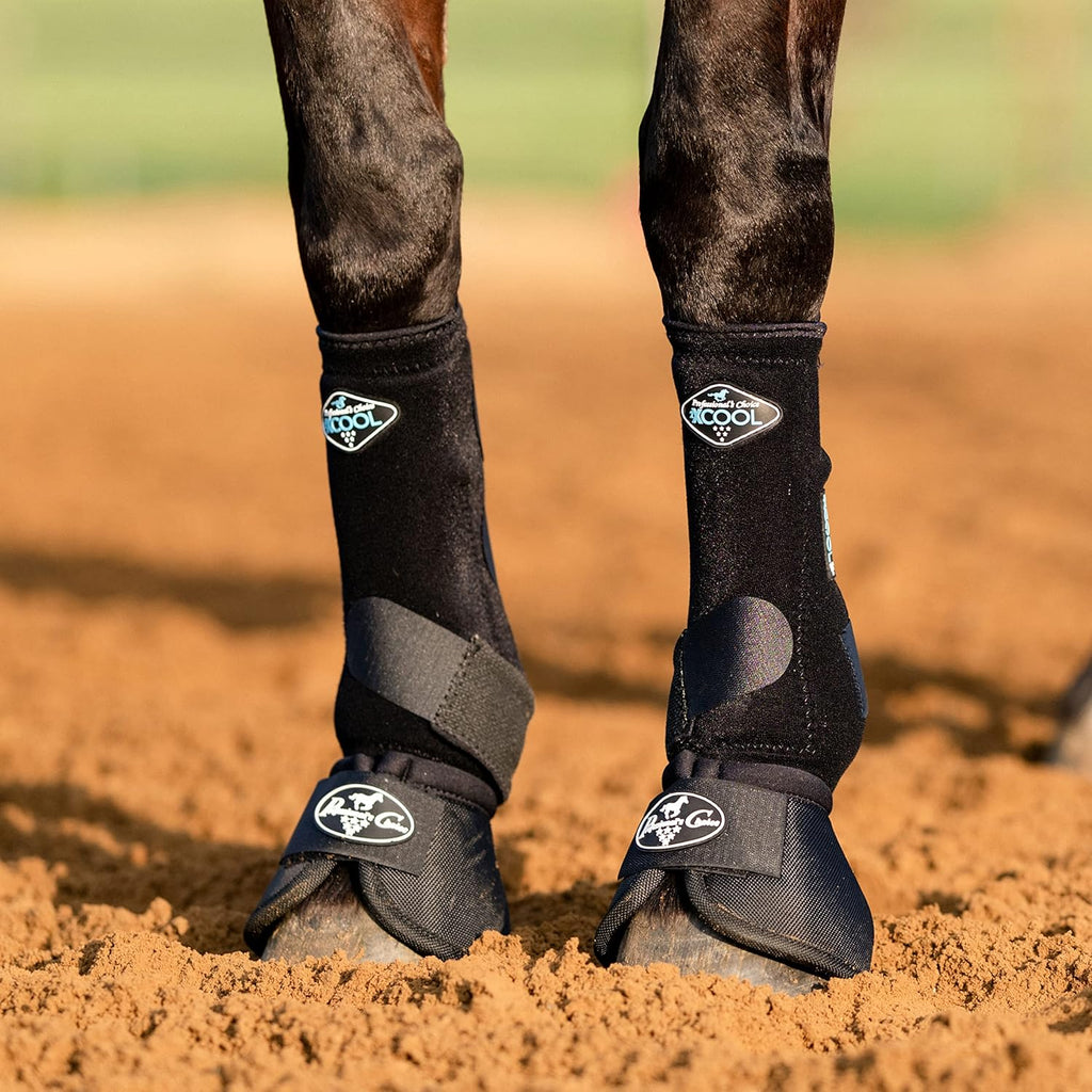 Black neoprene-free protective horse boots showing breathable cooling inner liner textile