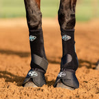 Black neoprene-free protective horse boots showing breathable cooling inner liner textile