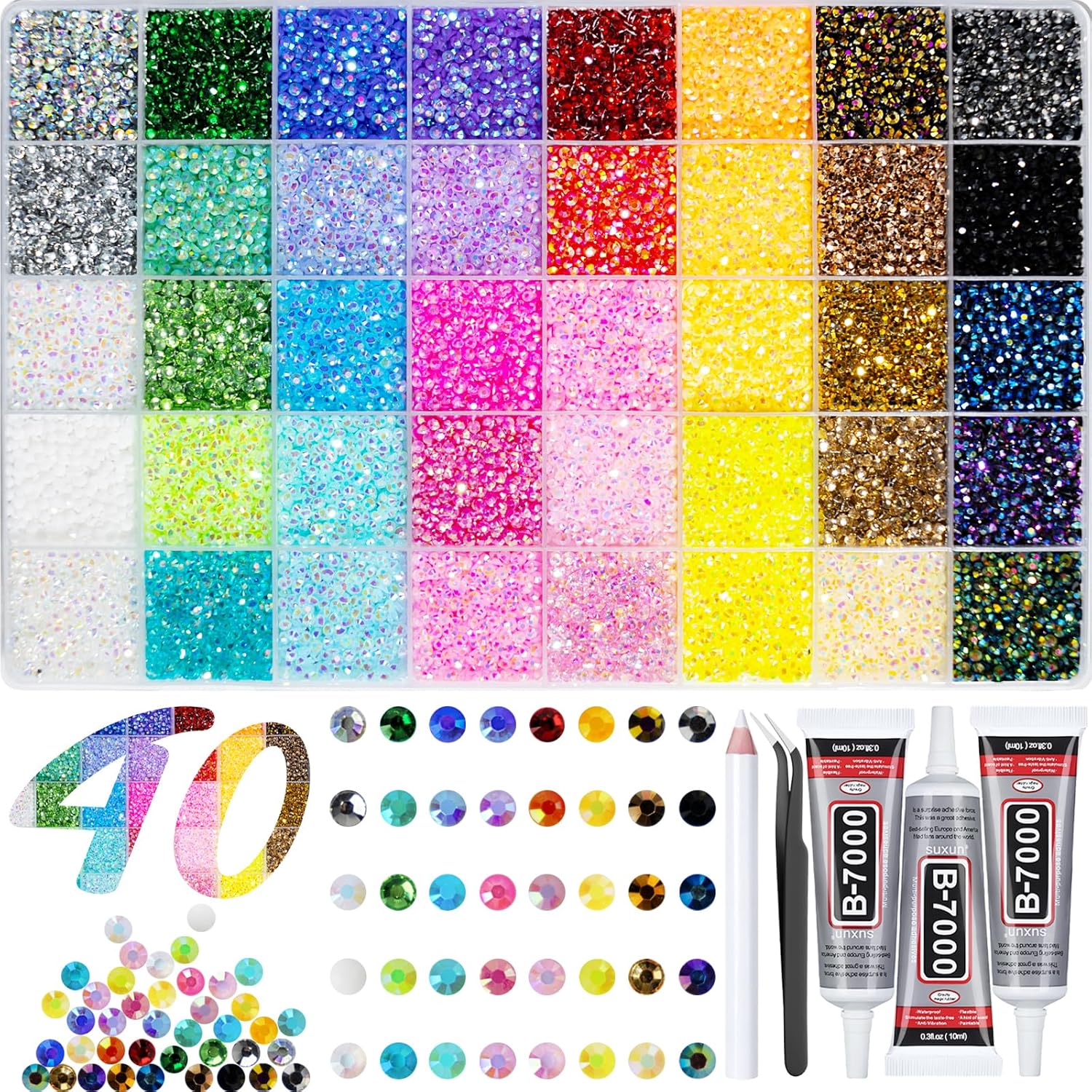 40000+Pcs Resin Jelly Rhinestones for Bedazzling, 3mm Multicolor Flat Back Gems Bedazzler Kit with 3Pcs 10ml B7000 Jewelry Glue, Colorful Bulk Jewels for Book Shoes Crafts Tumblers Nail Art DIY - Image 1
