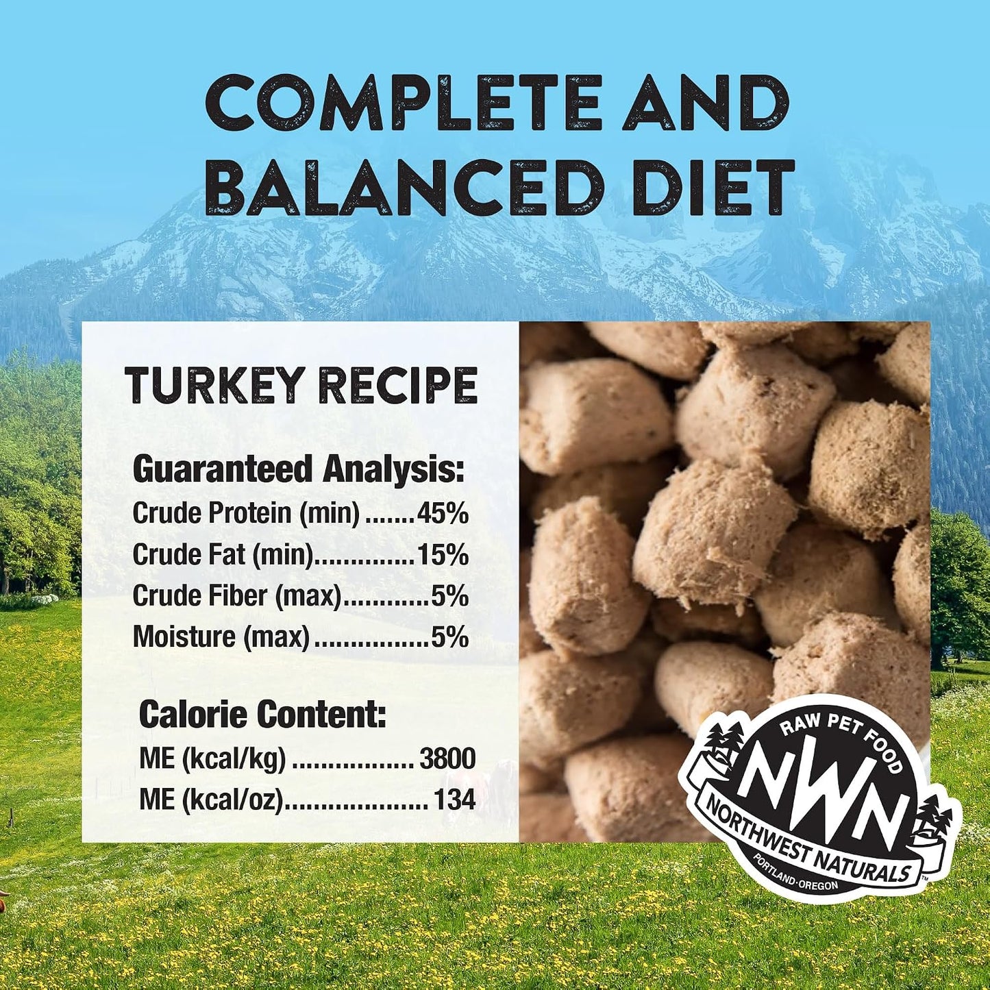 Back packaging of Northwest Naturals freeze dried turkey recipe showing nutritional details.