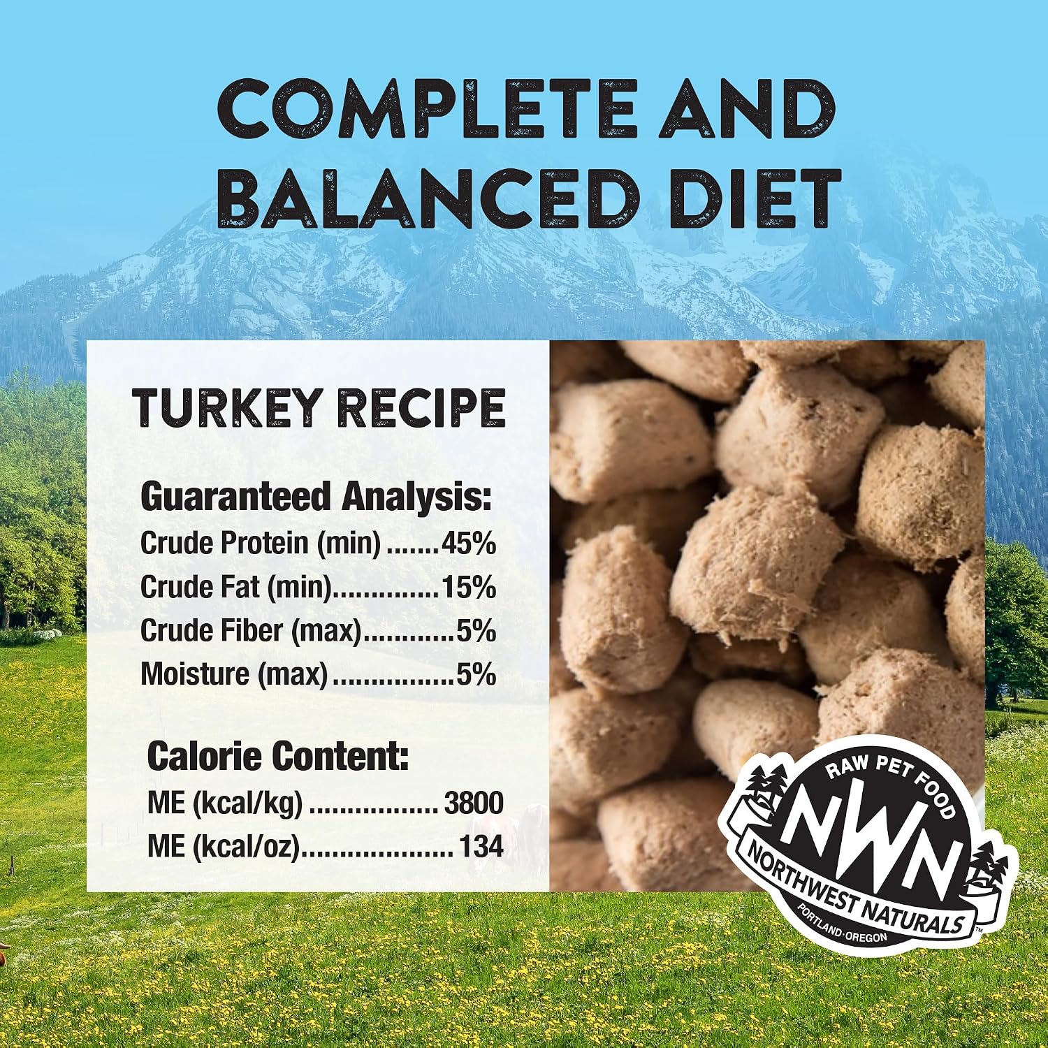 Back packaging of Northwest Naturals freeze dried turkey recipe showing nutritional details.