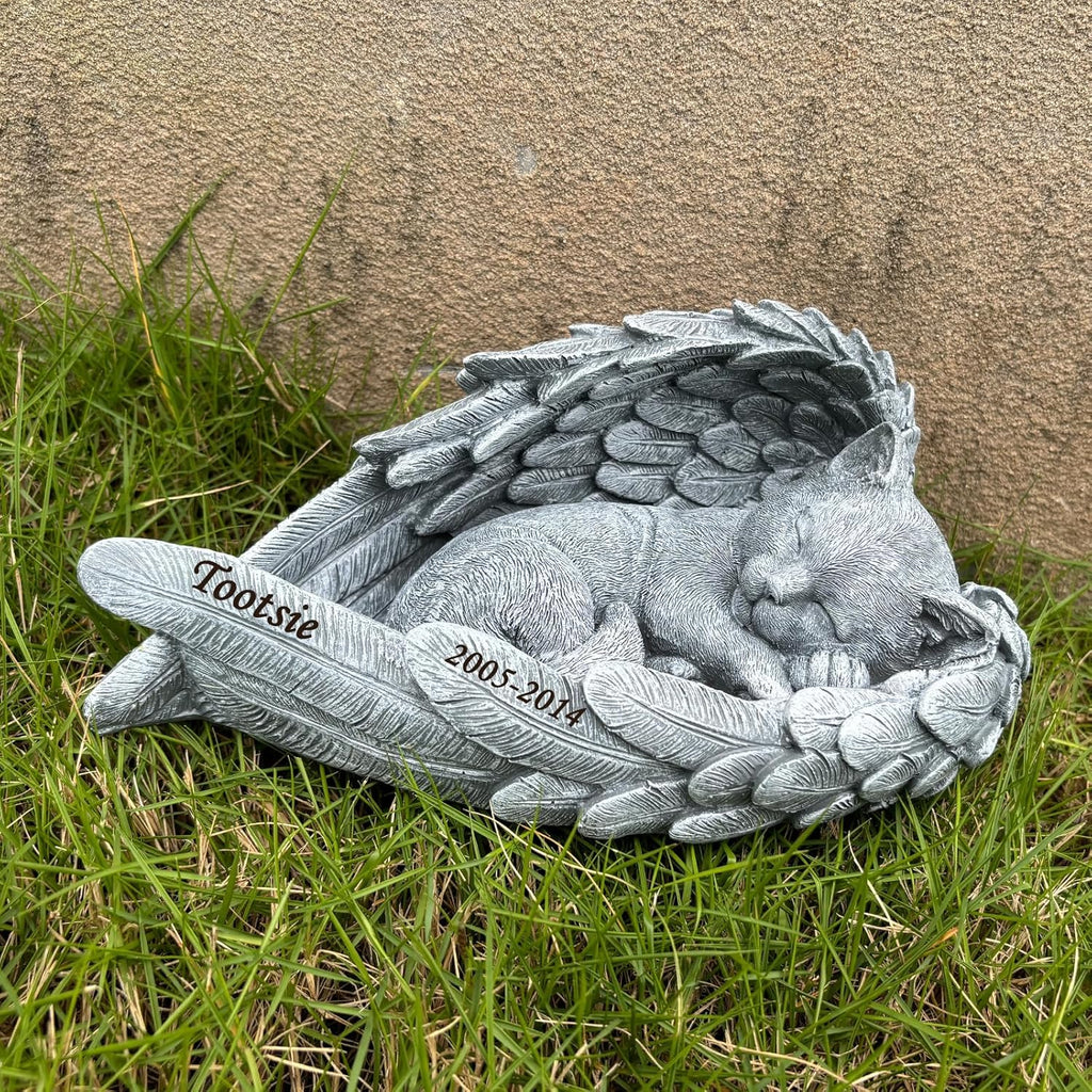 Youruitom personalized garden cat memorial stone front view showcasing sleeping kitten in angel wings