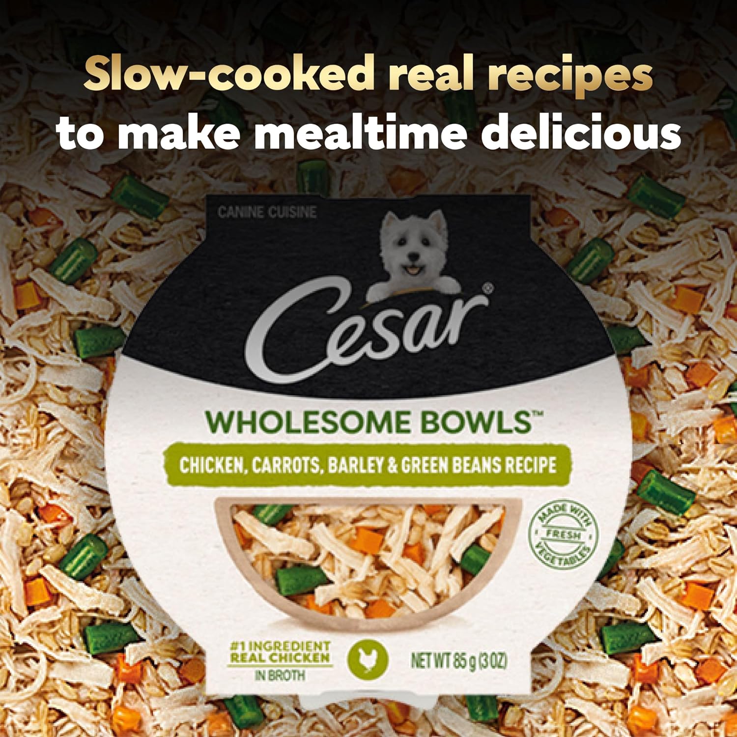 Nutritional information and ingredient list on the back of the Cesar wet food pack.