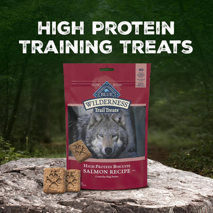 Blue Buffalo Wilderness high protein grain free salmon dog biscuits close up showing crunchy texture