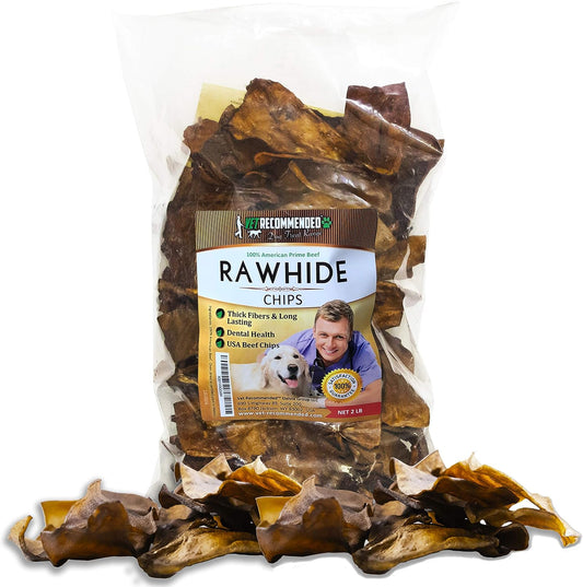 Vet Recommended Premium Beef Rawhide Chips front view of the two pound product packaging.