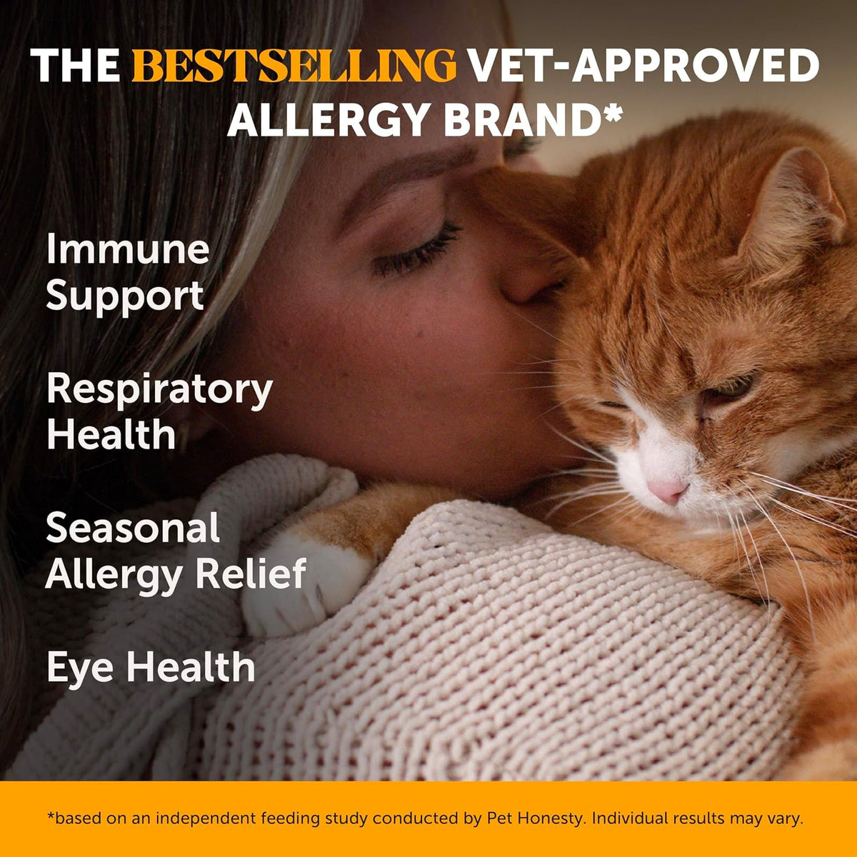 Pet Honesty cat allergy relief chews packaging showing L-Lysine and Colostrum ingredients.