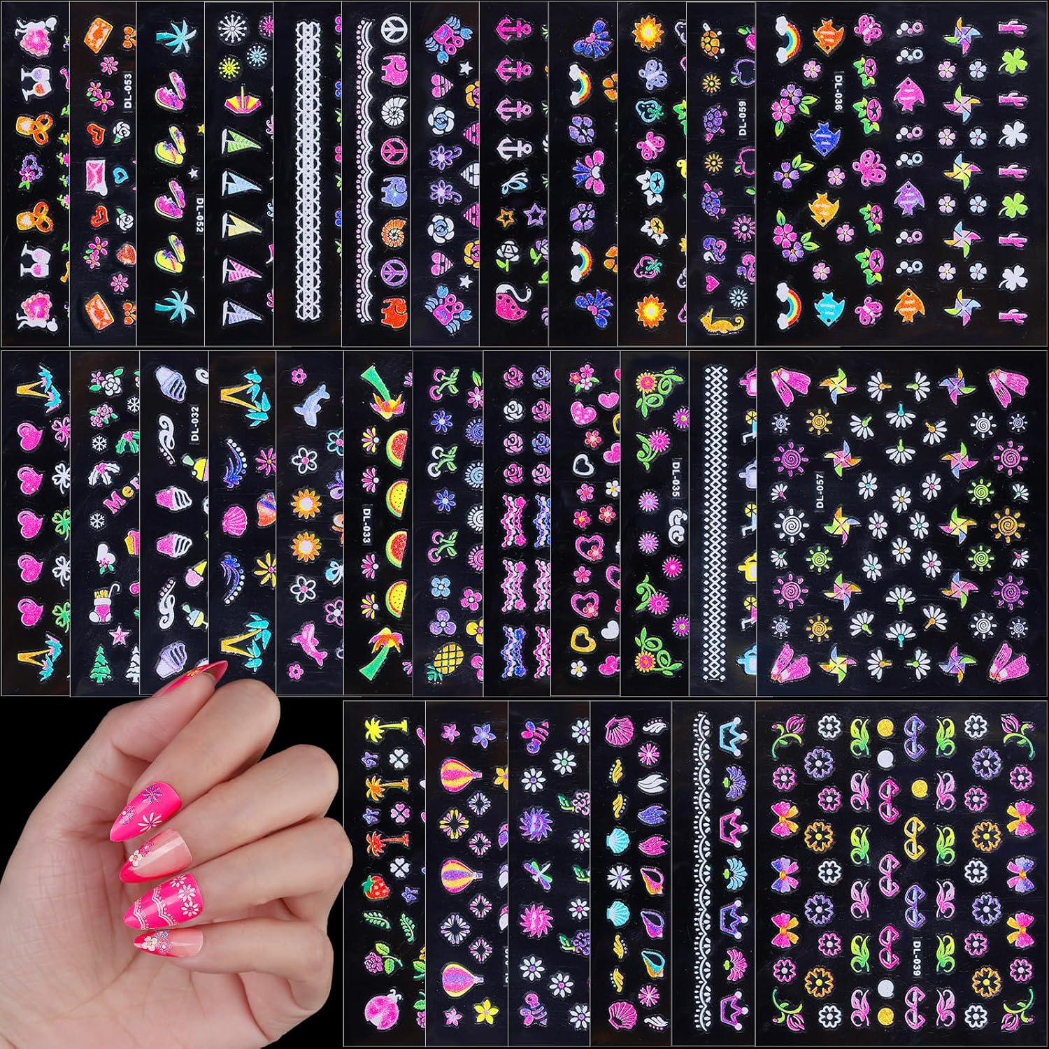 VelvetGlow 3D nail stickers 30 sheets front view for kids and women