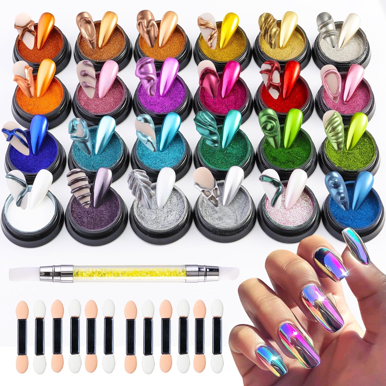 Nailwind 24 colors chrome nail powder kit front view with applicators