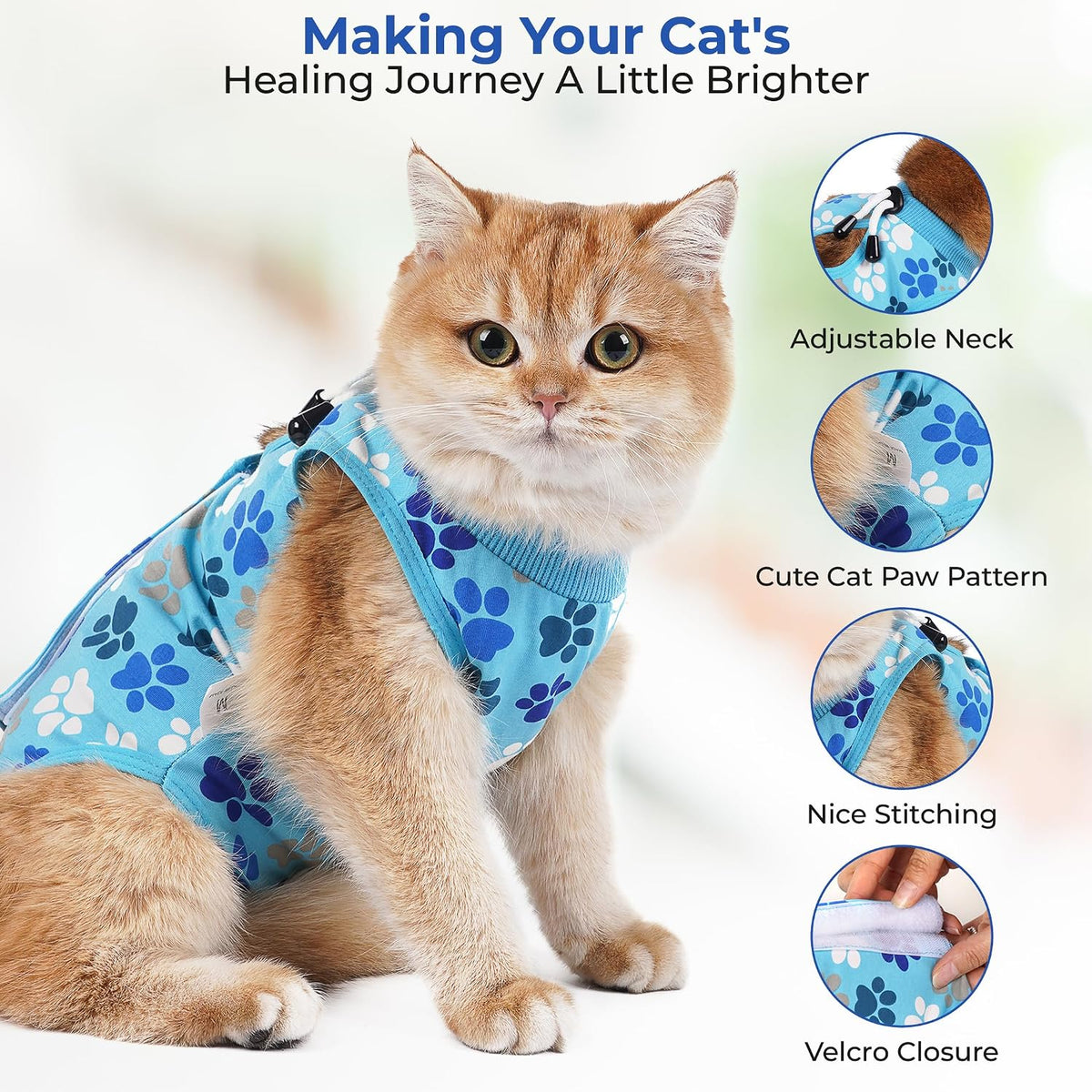 COZYDOODZ post-surgery cat onesie displaying the comfortable neck and leg holes.