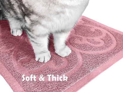 Large size cat litter trapping mat placed neatly under a standard kitty litter tray.