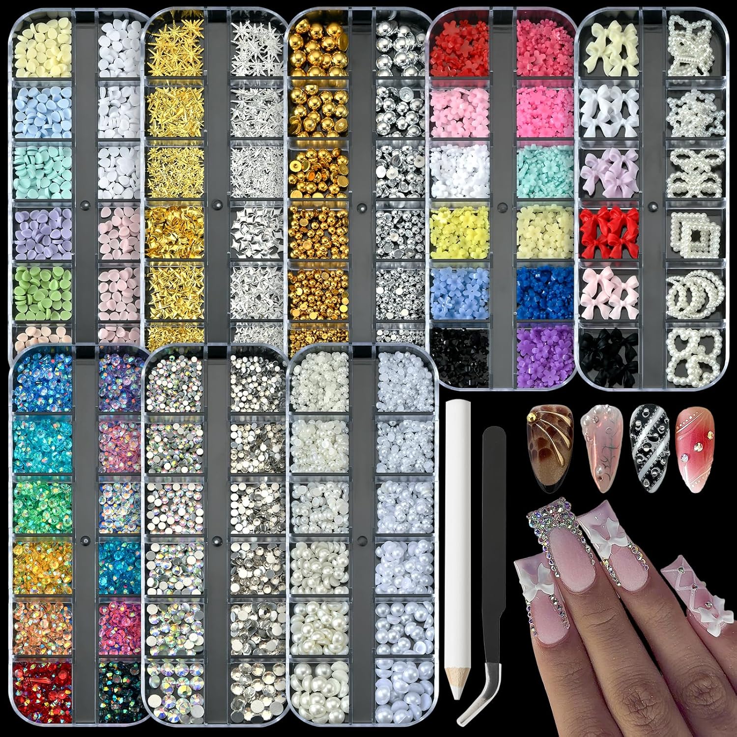 OPMADM 8 Boxes 3D Nail Charms and Gems bulk kit front view