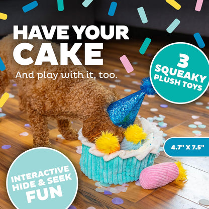 Dog playing with an interactive two in one plush puzzle game
