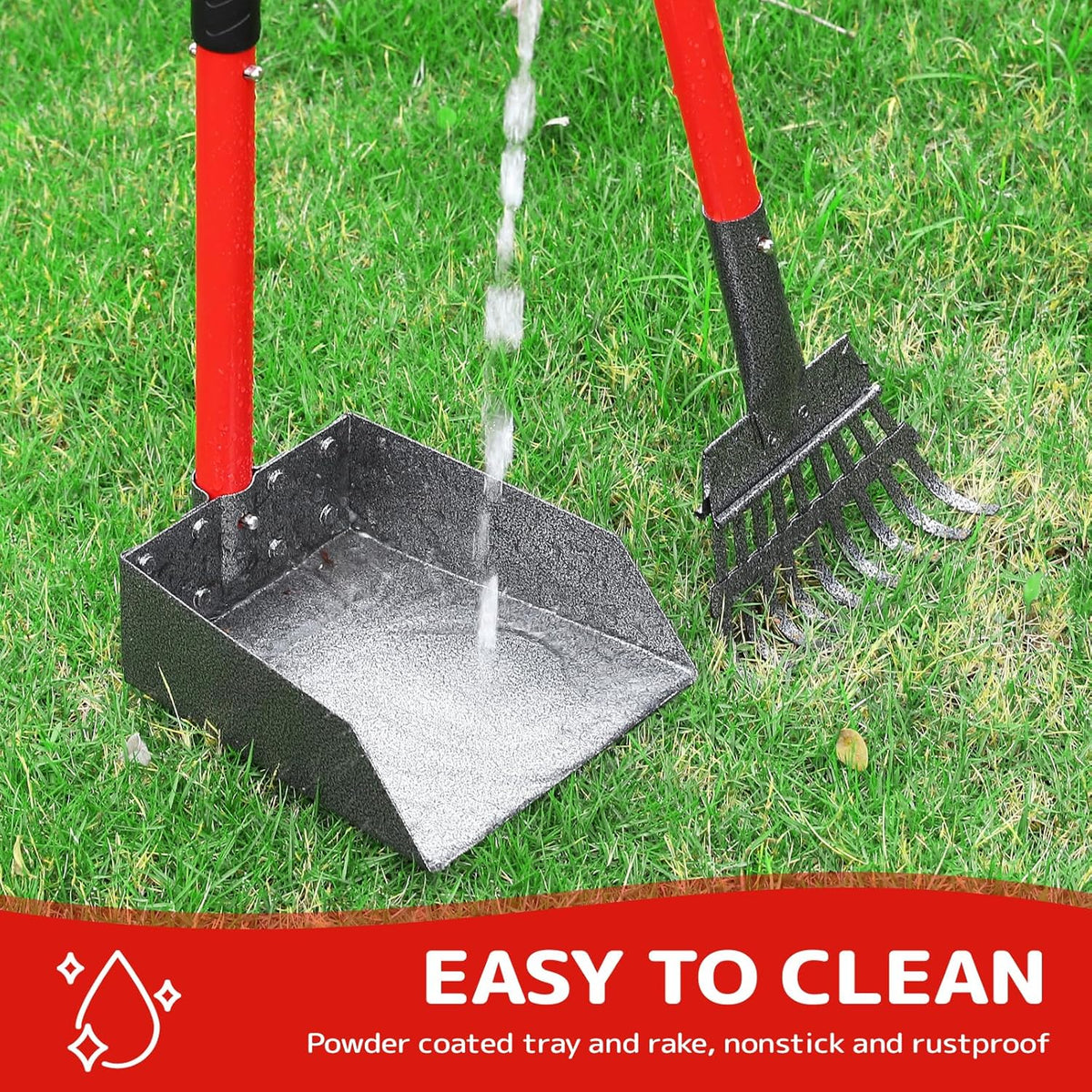 Red Ormalla pet waste rake cleaning up garden leaves and outdoor debris on gravel