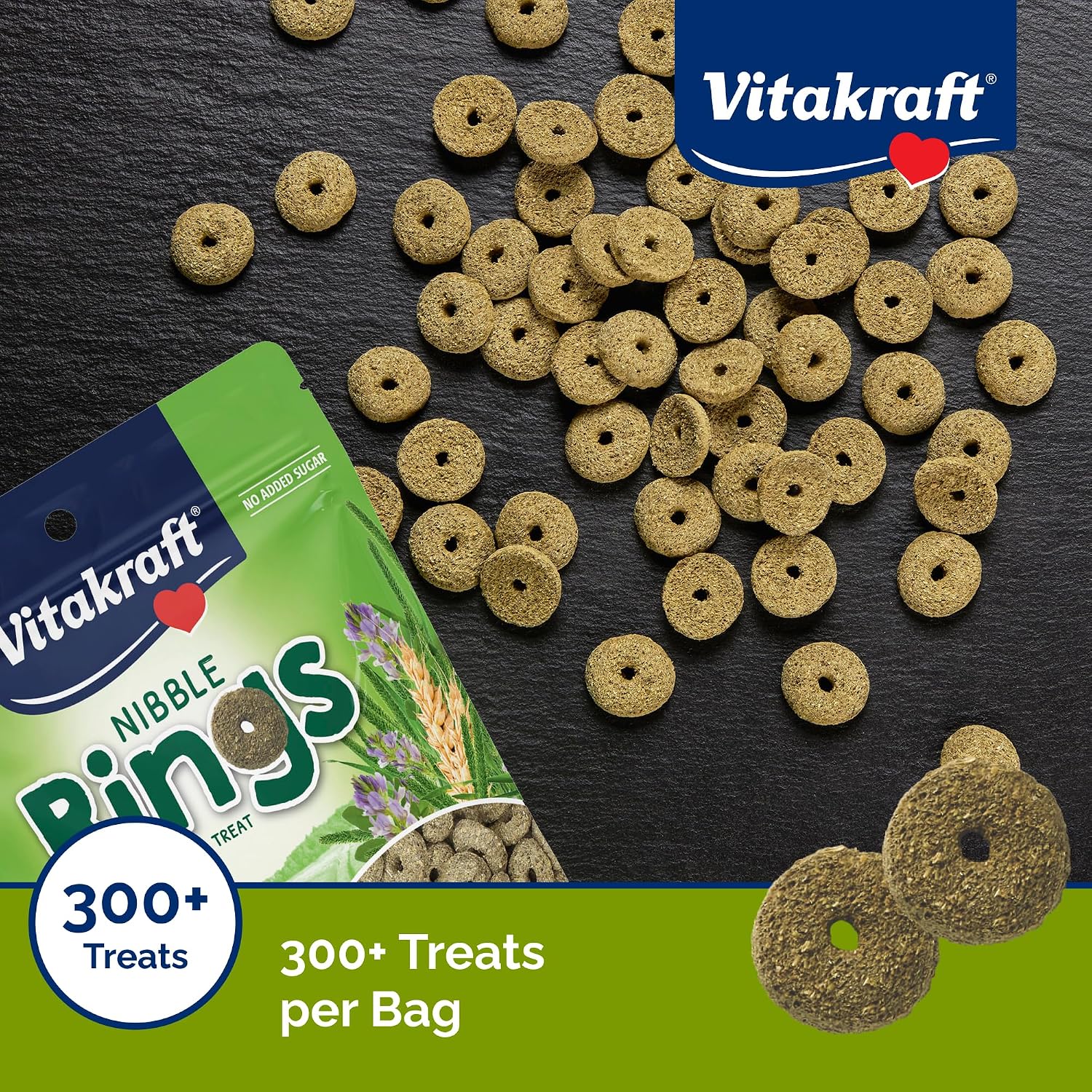 Vitakraft premium health snack for guinea pigs showing nutritional highlights.