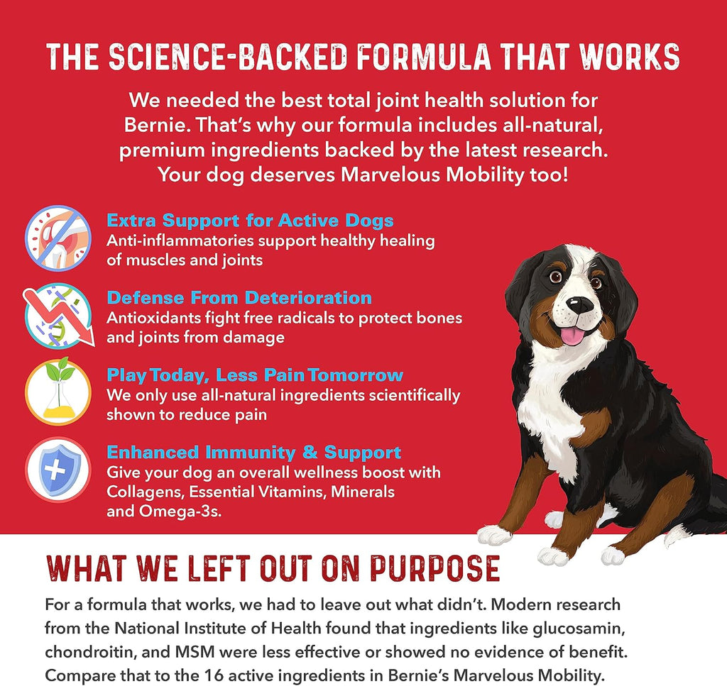 Bernie's Marvelous Mobility pork flavored dog supplement chews for joint pain relief