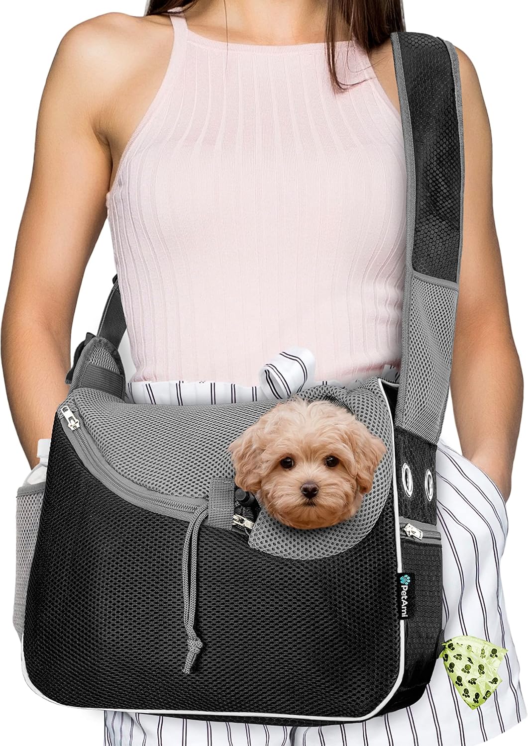 PetAmi Dog Sling Carrier for Small Dogs Under 10 lbs, Hands Free Crossbody Puppy Cat Carrier for Travel with Breathable Mesh, Padded Strap, Removable Sherpa Bed, Pockets & Poop Bag Dispenser, Pink - Image 11