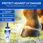 Clear equine hoof hardener liquid showing UV protection benefits