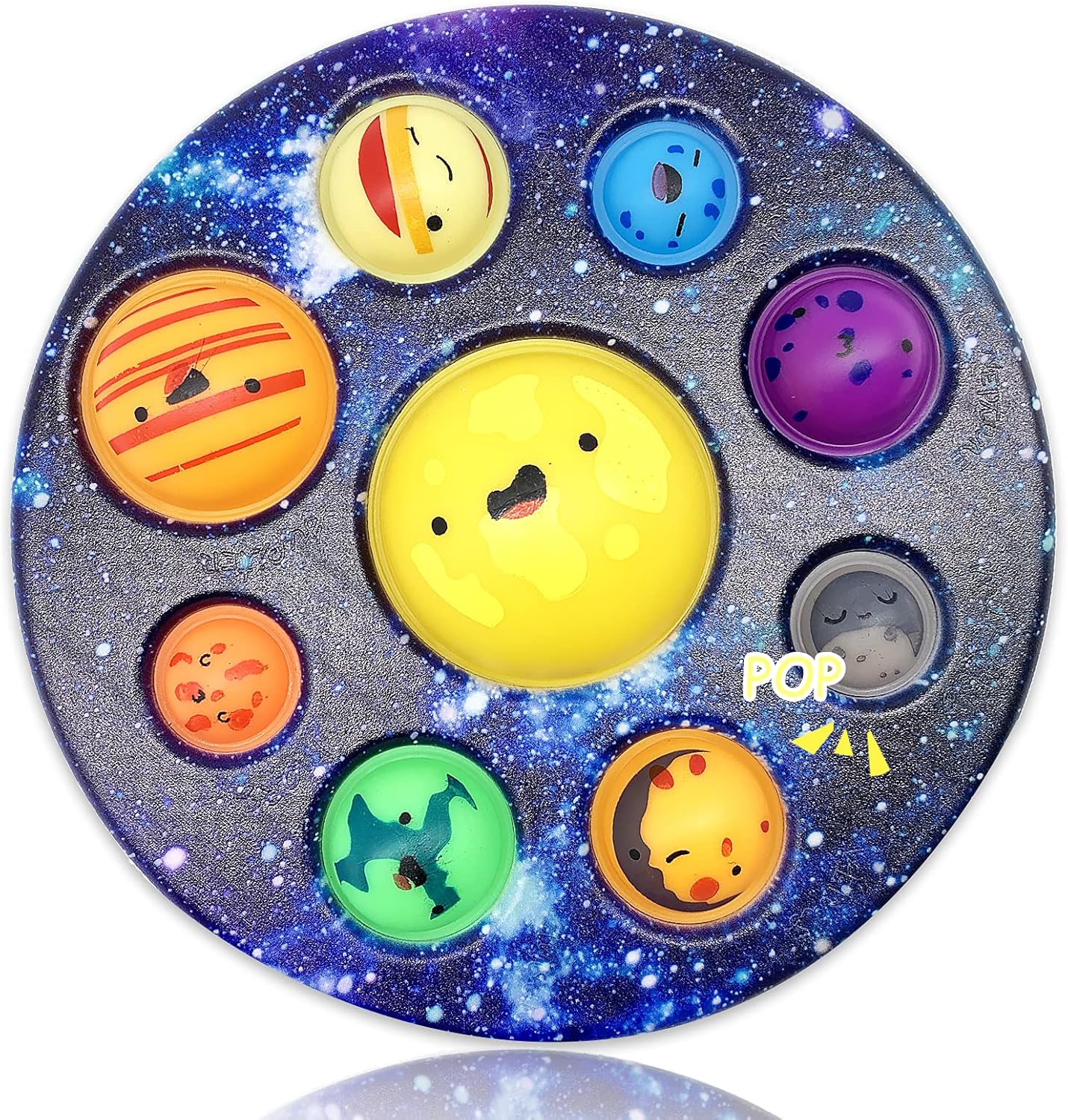 QETRABONE eight planet cave bubble push fidget toy front view showing colorful solar system silicone planets around a yellow sun