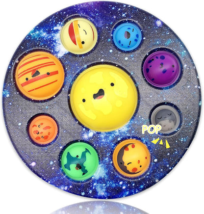 QETRABONE eight planet cave bubble push fidget toy front view showing colorful solar system silicone planets around a yellow sun